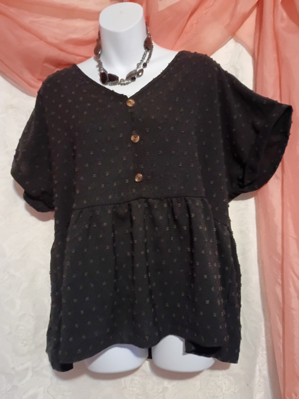 SHEIN Ladies Black Textured V-Neck Button Peplum Tunic Sz XL